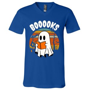 Lazy Halloween Teacher Library Booooks Ghost Reading Books Gift V-Neck T-Shirt