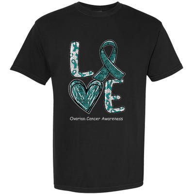 LOVE Heart Teal Ribbon Ovarian Cancer Awareness Gifts Garment-Dyed Heavyweight T-Shirt