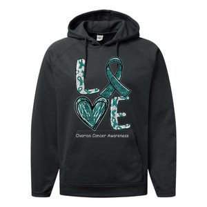 LOVE Heart Teal Ribbon Ovarian Cancer Awareness Gifts Performance Fleece Hoodie