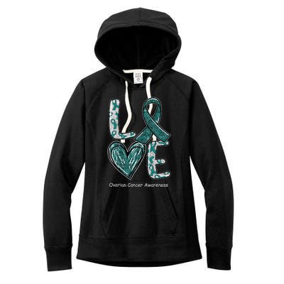 LOVE Heart Teal Ribbon Ovarian Cancer Awareness Gifts Women's Fleece Hoodie