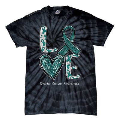 LOVE Heart Teal Ribbon Ovarian Cancer Awareness Gifts Tie-Dye T-Shirt