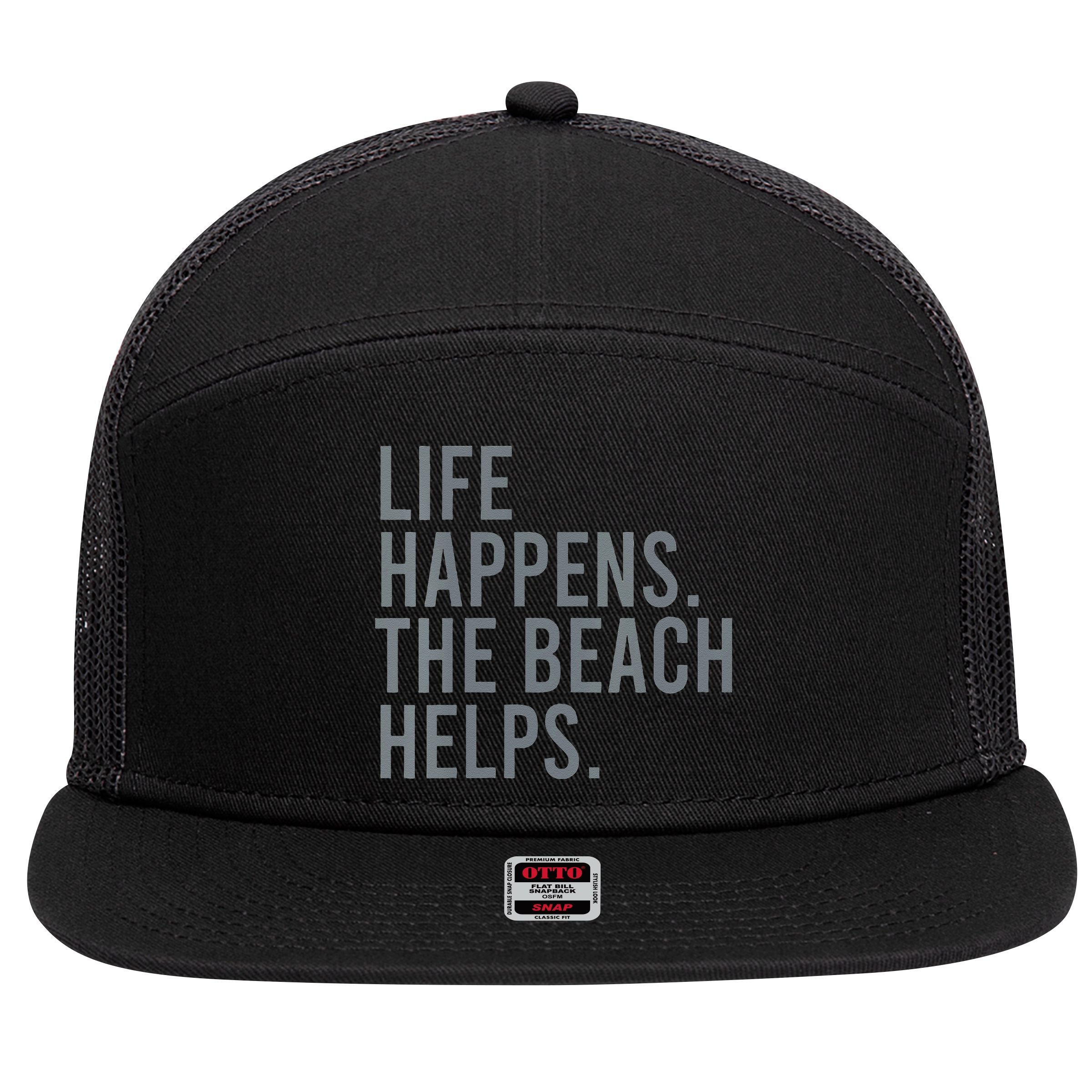Life Happens The Beach Helps 7 Panel Mesh Trucker Snapback Hat