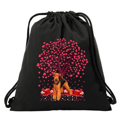 Lover Heart Tree Airedale Terrier Dog ValentineS Day Drawstring Bag