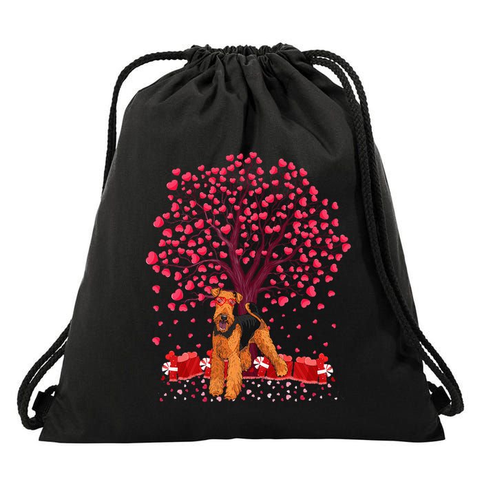 Lover Heart Tree Airedale Terrier Dog ValentineS Day Drawstring Bag