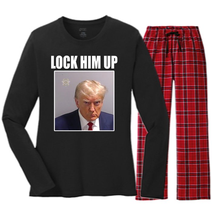 Lock Him Up Donald Trump Mugshot Women's Long Sleeve Flannel Pajama Set 