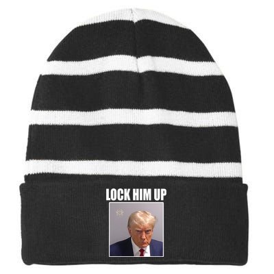 Lock Him Up Donald Trump Mugshot Striped Beanie with Solid Band