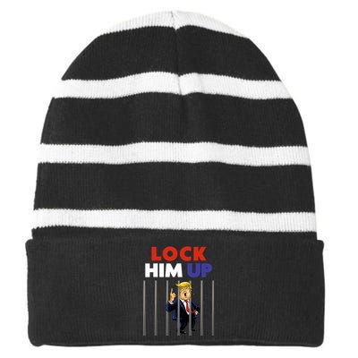 Lock Him Up Anti Trump Political Striped Beanie with Solid Band