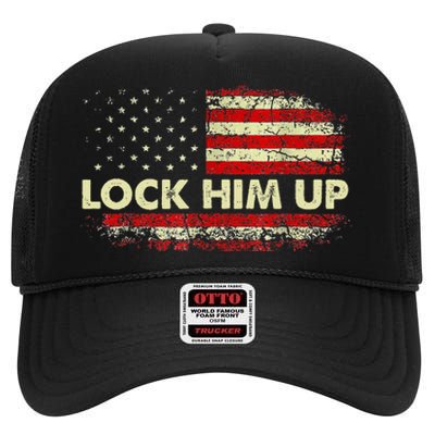 Lock Him Up American Flag Vintage High Crown Mesh Back Trucker Hat