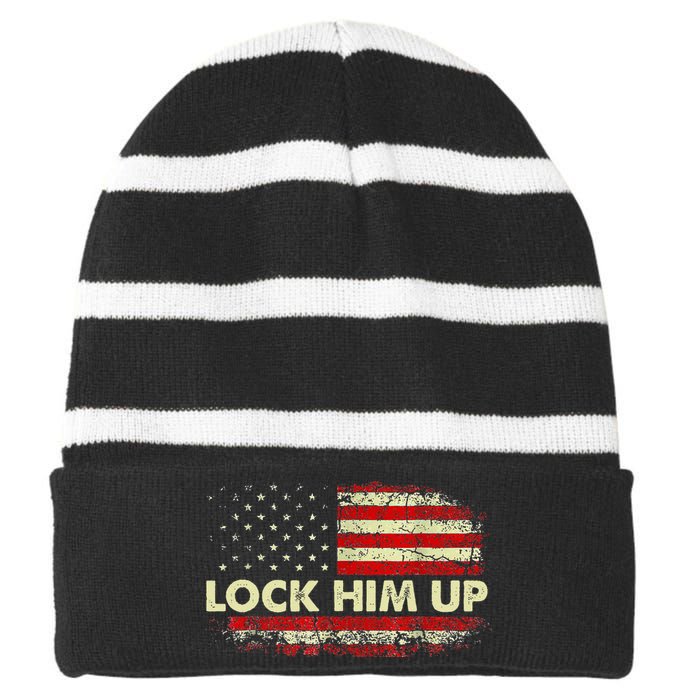 Lock Him Up American Flag Vintage Striped Beanie with Solid Band