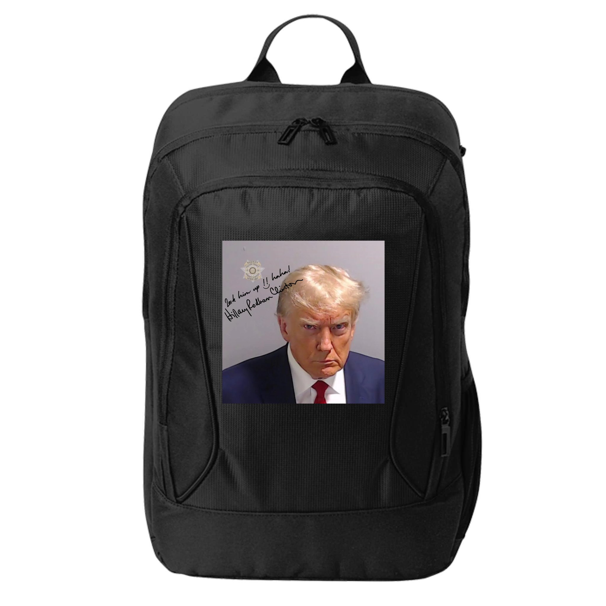 Lock Him Up Funny Hilary Clinton Donald Trump Mugshot City Backpack