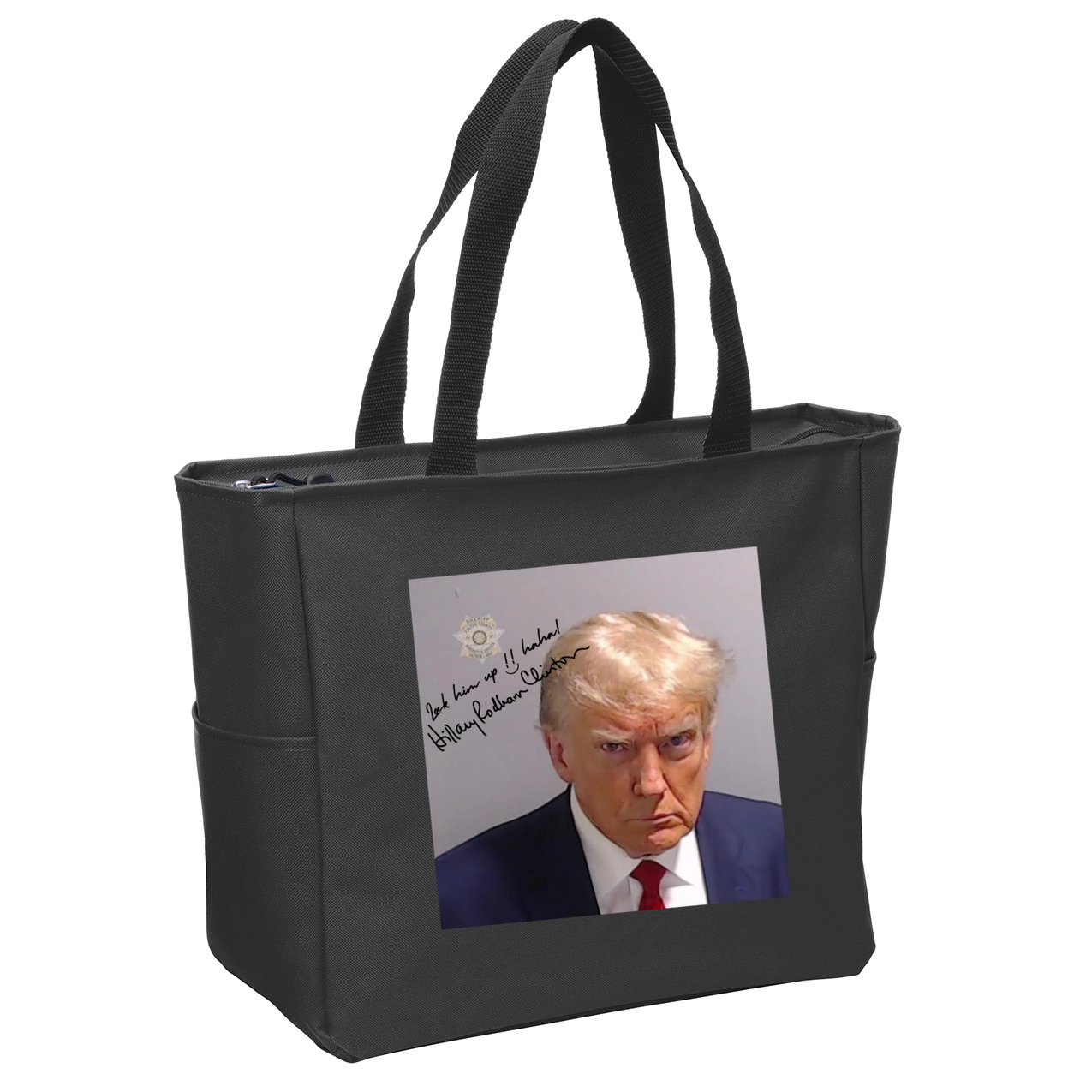 Lock Him Up Funny Hilary Clinton Donald Trump Mugshot Zip Tote Bag