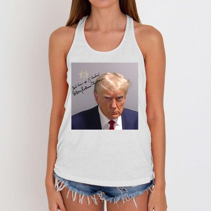 Lock Him Up Funny Hilary Clinton Donald Trump Mugshot Women's Knotted Racerback Tank