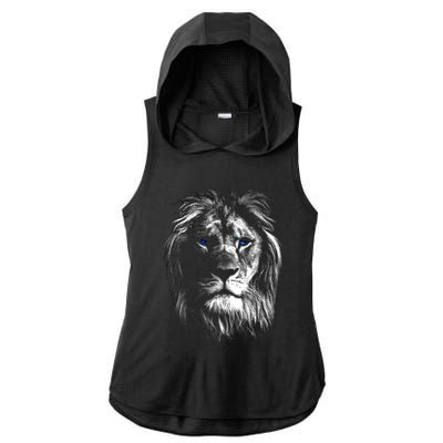 Lion Head With Blue Eyes For Lovers Lions King Of Animals Ladies PosiCharge Tri-Blend Wicking Draft Hoodie Tank