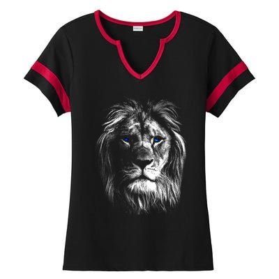 Lion Head With Blue Eyes For Lovers Lions King Of Animals Ladies Halftime Notch Neck Tee