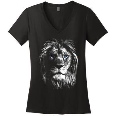 Lion Head With Blue Eyes For Lovers Lions King Of Animals Women's V-Neck T-Shirt