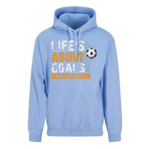 Life Is About Goals And Assists Soccer Player Sports Futbol Unisex Surf Hoodie