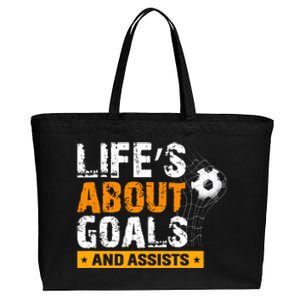 Life Is About Goals And Assists Soccer Player Sports Futbol Cotton Canvas Jumbo Tote