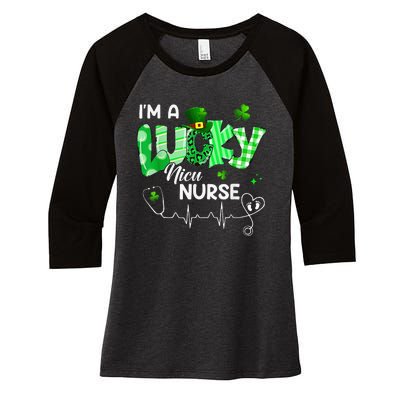 Leopard I’m A Lucky NICU Nurse Plaid Irish Clovers Women's Tri-Blend 3/4-Sleeve Raglan Shirt