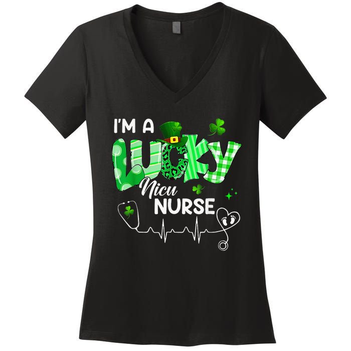 Leopard I’m A Lucky NICU Nurse Plaid Irish Clovers Women's V-Neck T-Shirt