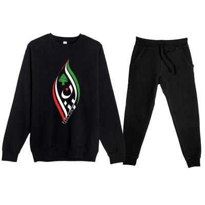 Lebanon In Arabic Calligraphy With Heart And Cedar Tree Premium Crewneck Sweatsuit Set