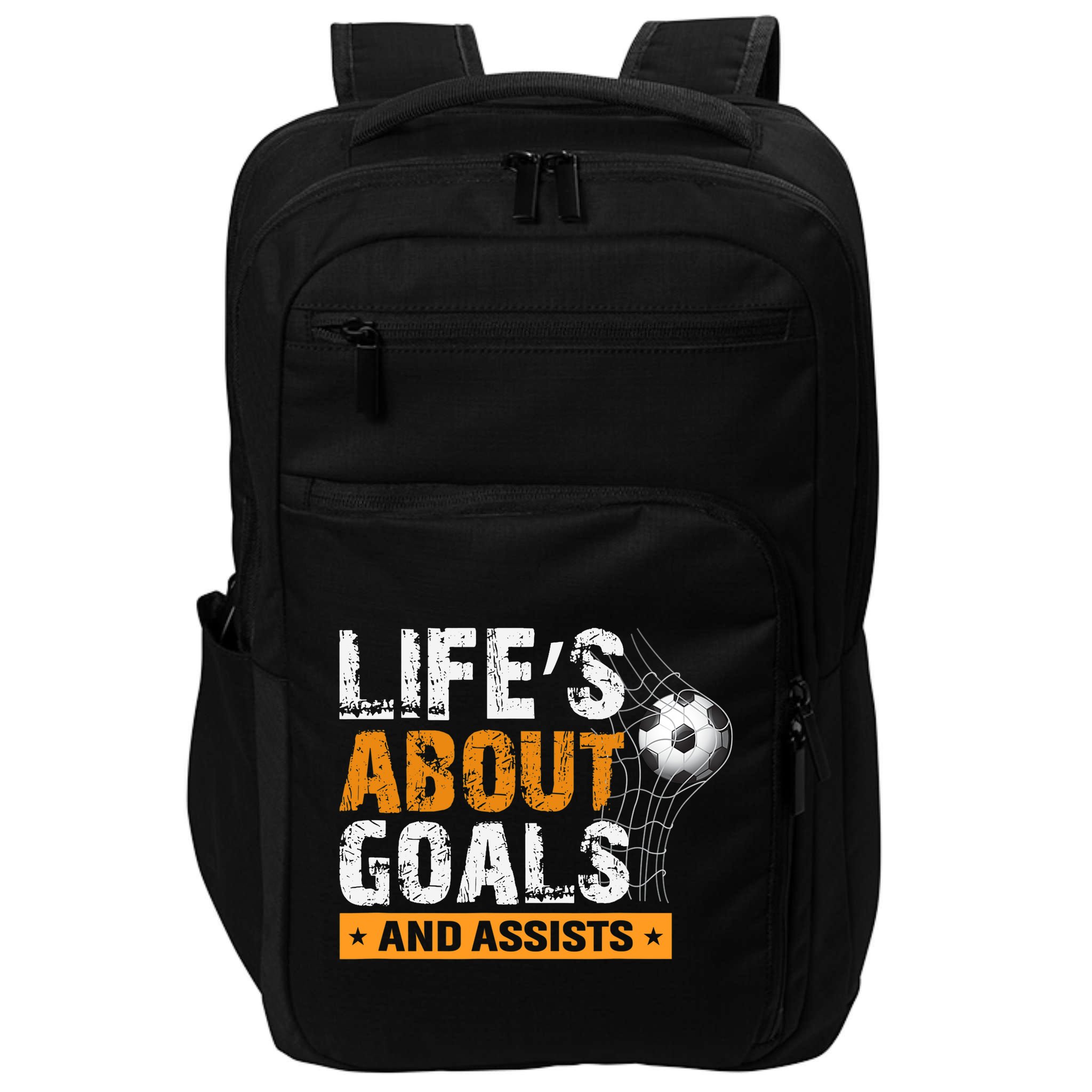 Life Is About Goals And Assists Soccer Player Sports Futbol Impact Tech Backpack