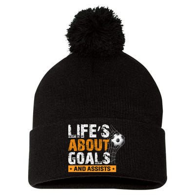 Life Is About Goals And Assists Soccer Player Sports Futbol Pom Pom 12in Knit Beanie