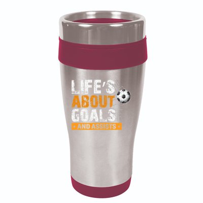 Life Is About Goals And Assists Soccer Player Sports Futbol 16oz Travel Tumbler