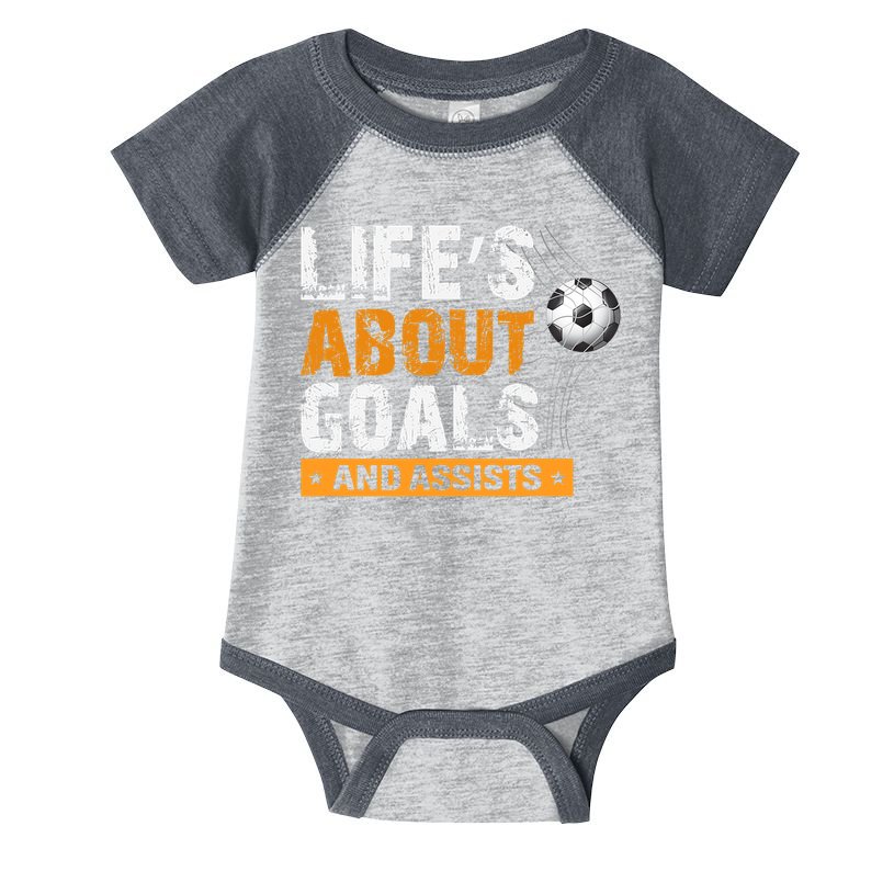 Life Is About Goals And Assists Soccer Player Sports Futbol Infant Baby Jersey Bodysuit