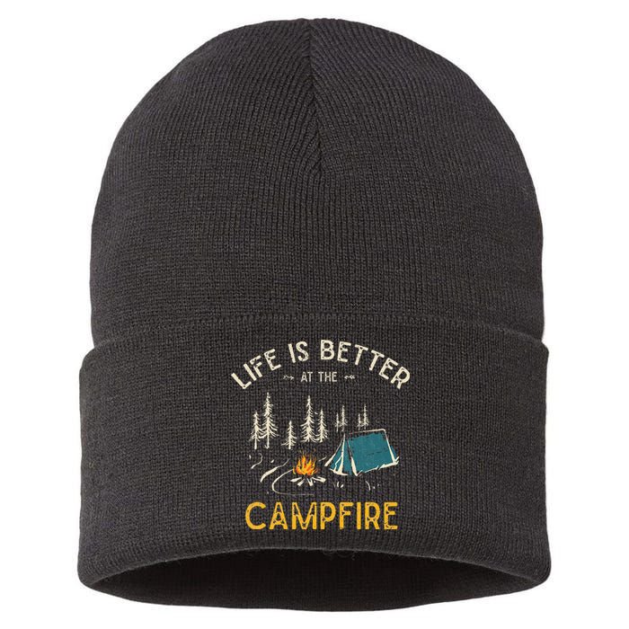 Life Is Better At The Campfire Funny Camper Camp Camping Sustainable Knit Beanie