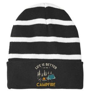 Life Is Better At The Campfire Funny Camper Camp Camping Striped Beanie with Solid Band