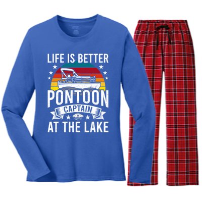 Life Is Better At The Lake Pontoon Boat Pontooning Gift Women's Long Sleeve Flannel Pajama Set 