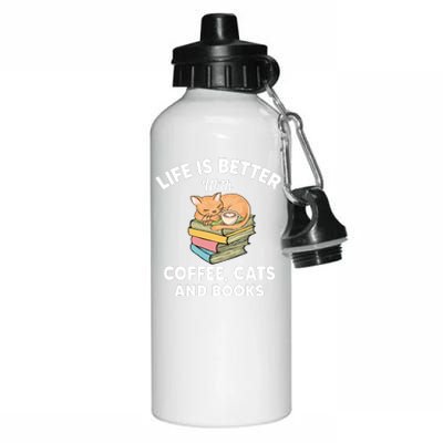 Life Is Better With Coffee Cats And Books Funny Cat Lover Aluminum Water Bottle