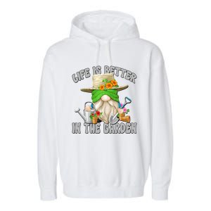 Life Is Better In The Garden Daddy Gnome For Retired Grandpa Gift Garment-Dyed Fleece Hoodie