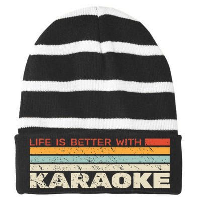 Life Is Better With Karaoke Vintage Microphone Music Singer Striped Beanie with Solid Band