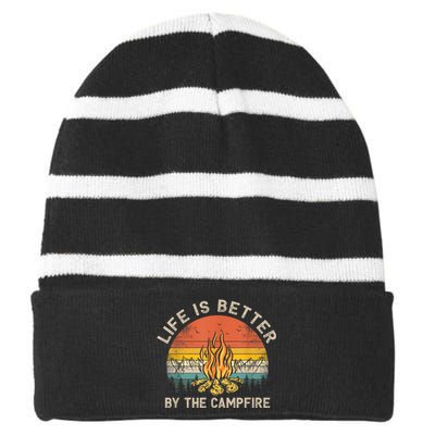 Life Is Better By The Campfire Camping Campfire Striped Beanie with Solid Band