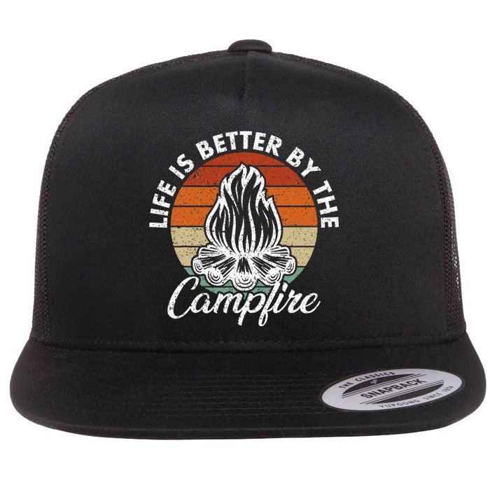 Life Is Better By The Campfire Vintage Retro Camping Flat Bill Trucker Hat