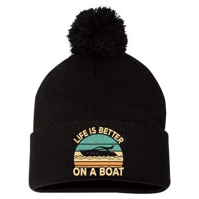 Life Is Better On A Boat Funny Retro Boating Captain Pom Pom 12in Knit Beanie