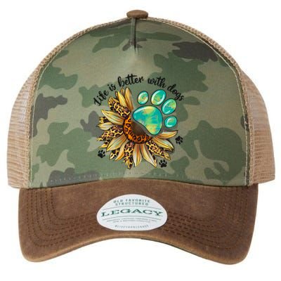 Life Is Better With Dogs’ Sublimation Featuring Dog Paws & Western Sunflowers Legacy Tie Dye Trucker Hat