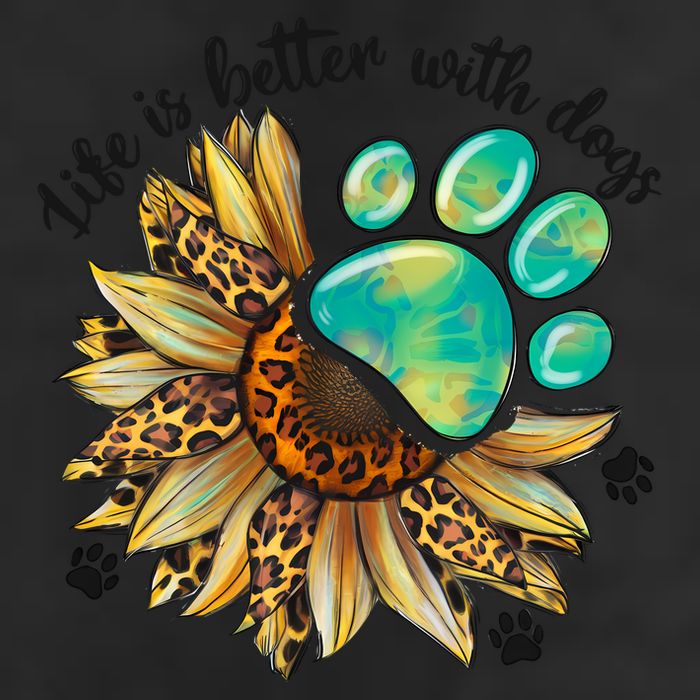 Life Is Better With Dogs’ Sublimation Featuring Dog Paws & Western Sunflowers 7 Panel Mesh Trucker Snapback Hat