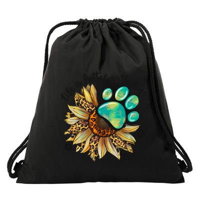 Life Is Better With Dogs’ Sublimation Featuring Dog Paws & Western Sunflowers Drawstring Bag