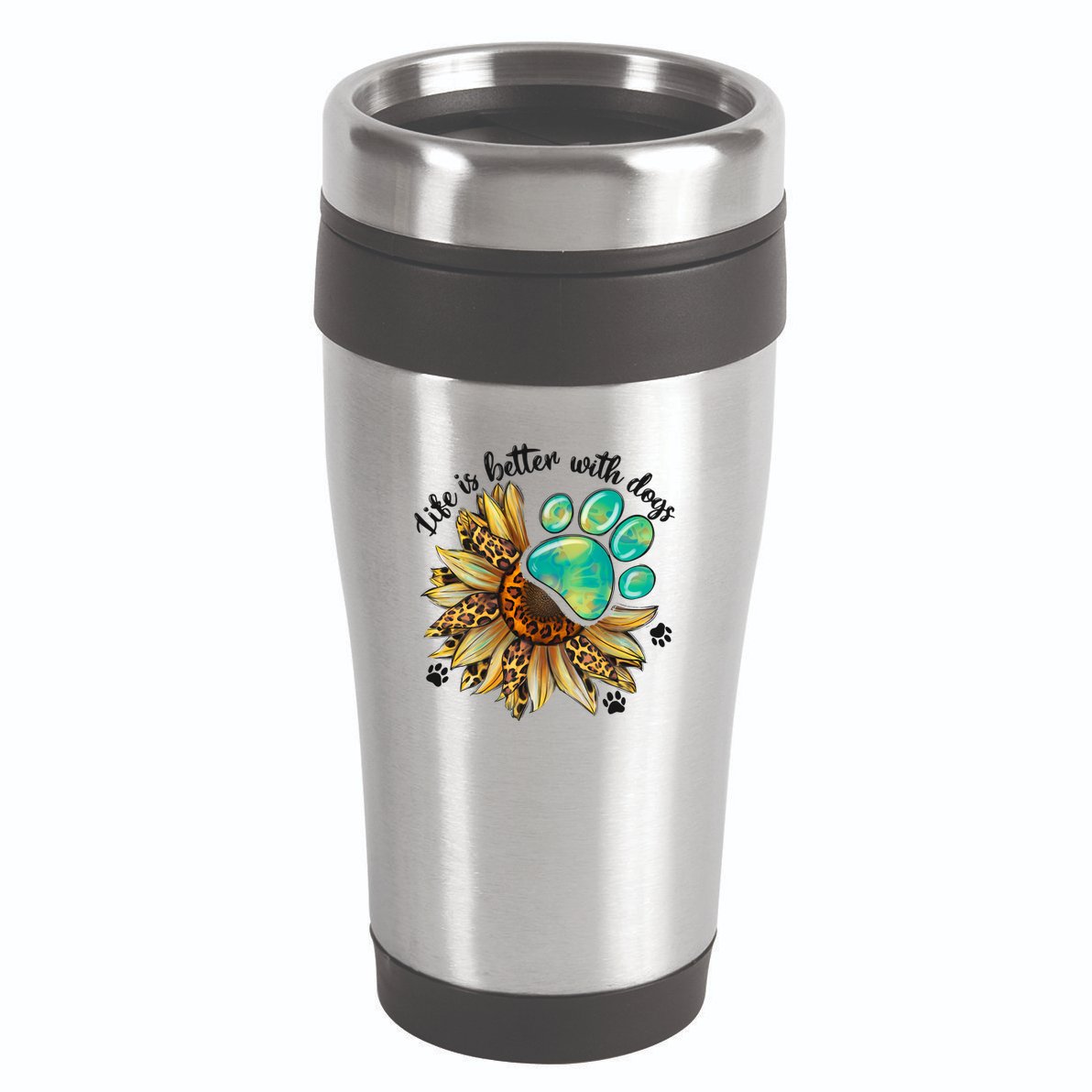 Life Is Better With Dogs’ Sublimation Featuring Dog Paws & Western Sunflowers 16oz Travel Tumbler