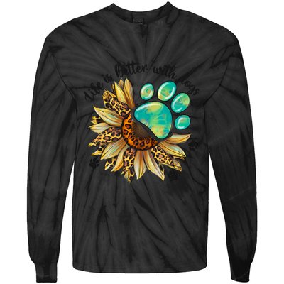 Life Is Better With Dogs’ Sublimation Featuring Dog Paws & Western Sunflowers Tie-Dye Long Sleeve Shirt