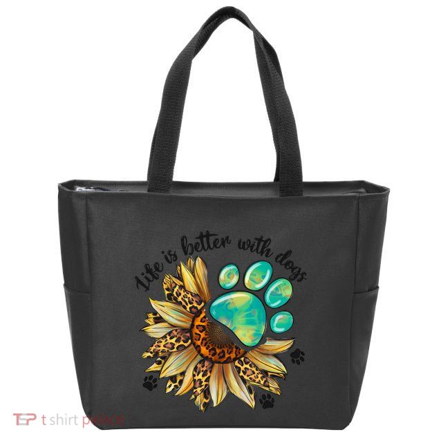 Life Is Better With Dogs’ Sublimation Featuring Dog Paws & Western Sunflowers Zip Tote Bag