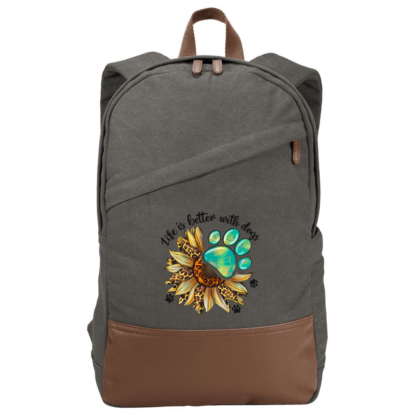 Life Is Better With Dogs’ Sublimation Featuring Dog Paws & Western Sunflowers Cotton Canvas Backpack