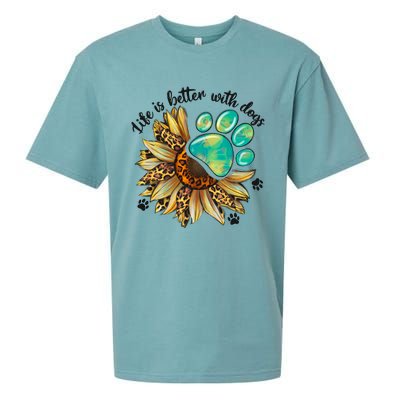 Life Is Better With Dogs’ Sublimation Featuring Dog Paws & Western Sunflowers Sueded Cloud Jersey T-Shirt