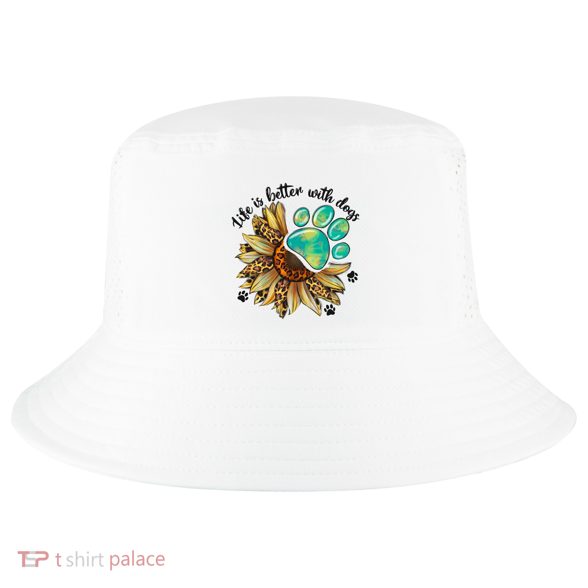 Life Is Better With Dogs’ Sublimation Featuring Dog Paws & Western Sunflowers Cool Comfort Performance Bucket Hat
