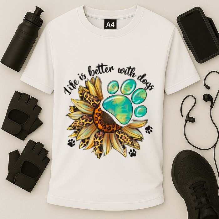 Life Is Better With Dogs’ Sublimation Featuring Dog Paws & Western Sunflowers Cooling Performance Crew T-Shirt