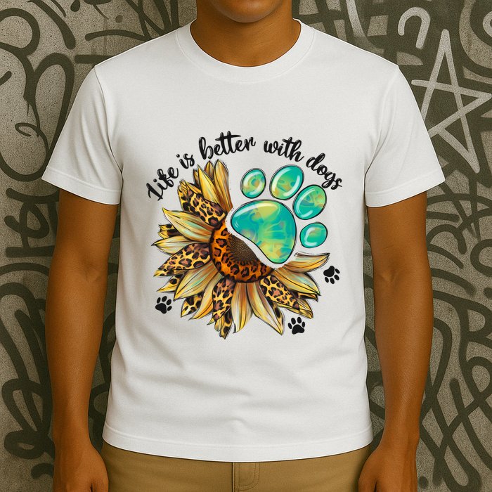 Life Is Better With Dogs’ Sublimation Featuring Dog Paws & Western Sunflowers T-Shirt