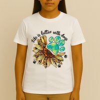 Life Is Better With Dogs’ Sublimation Featuring Dog Paws & Western Sunflowers T-Shirt
