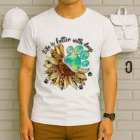 Life Is Better With Dogs’ Sublimation Featuring Dog Paws & Western Sunflowers T-Shirt
